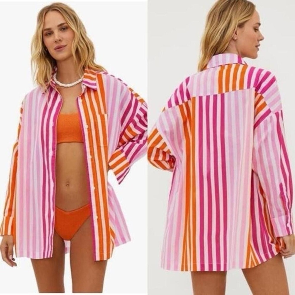 Beach Riot Pink and Orange Striped Button Down Shirt coverup large / XL